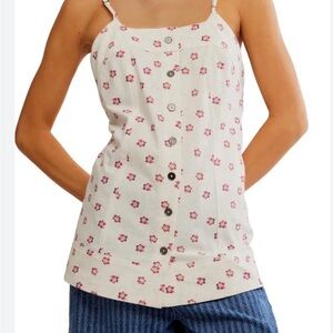 Free People White Floral Button-Down Tank Top